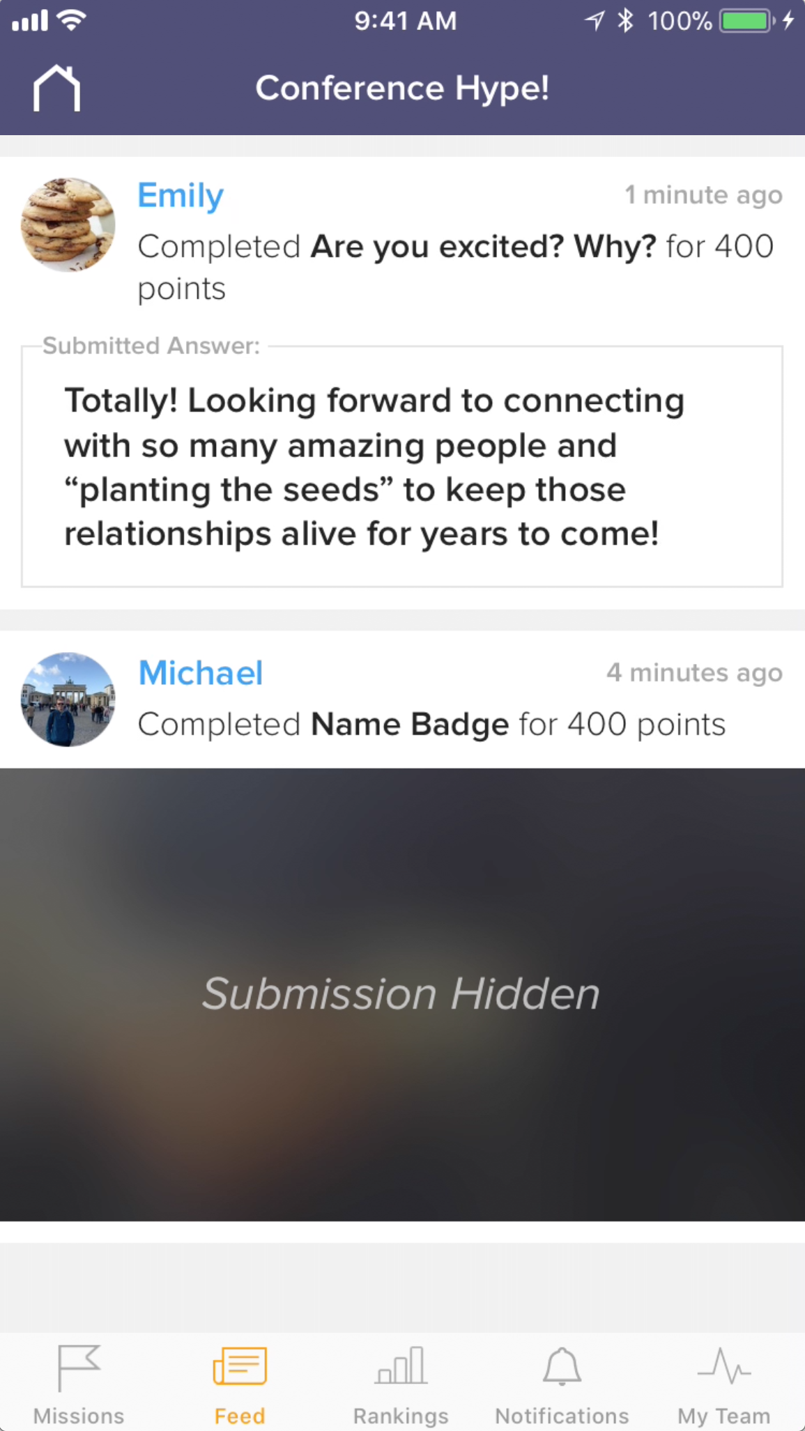 Examples of both public and hidden submissions, with the hidden submission blurred on the Activity Feed