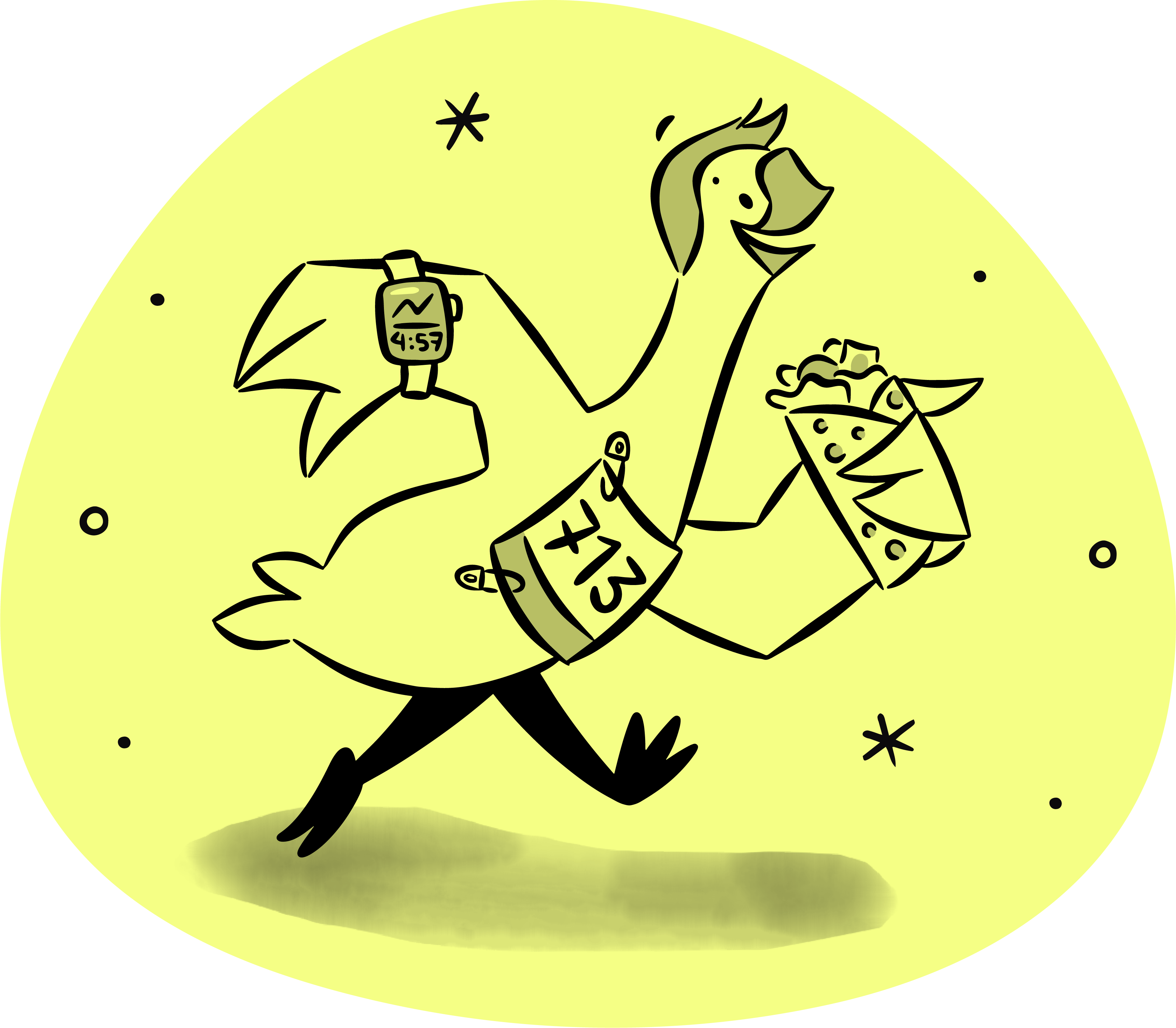 A running goose wearing a marathon race bib and holding a large burrito