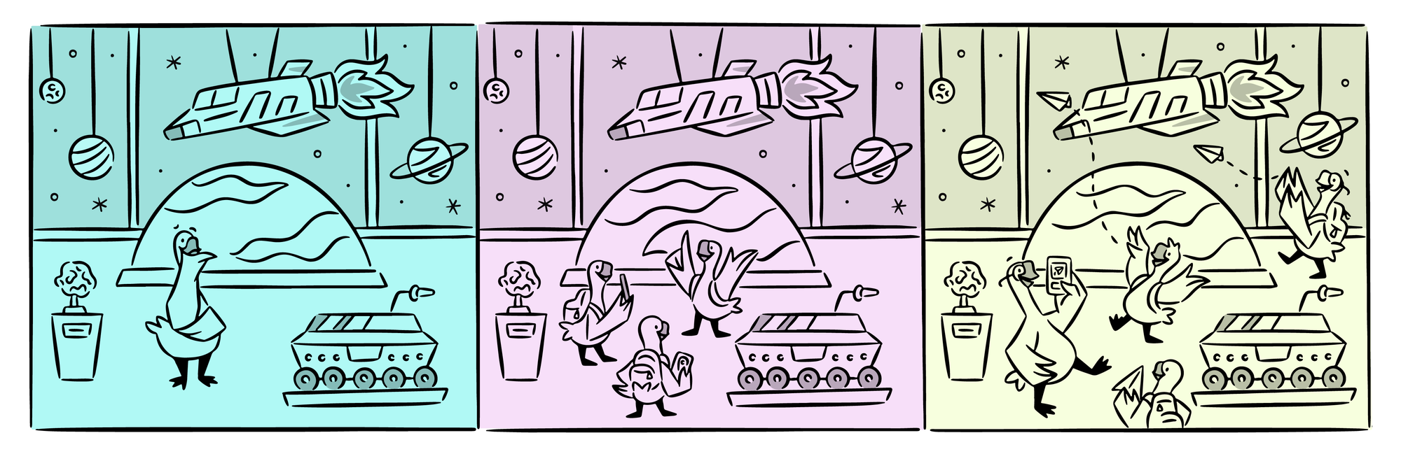 A 3-panel comic showing geese engaging in different activities at a space-themed museum
