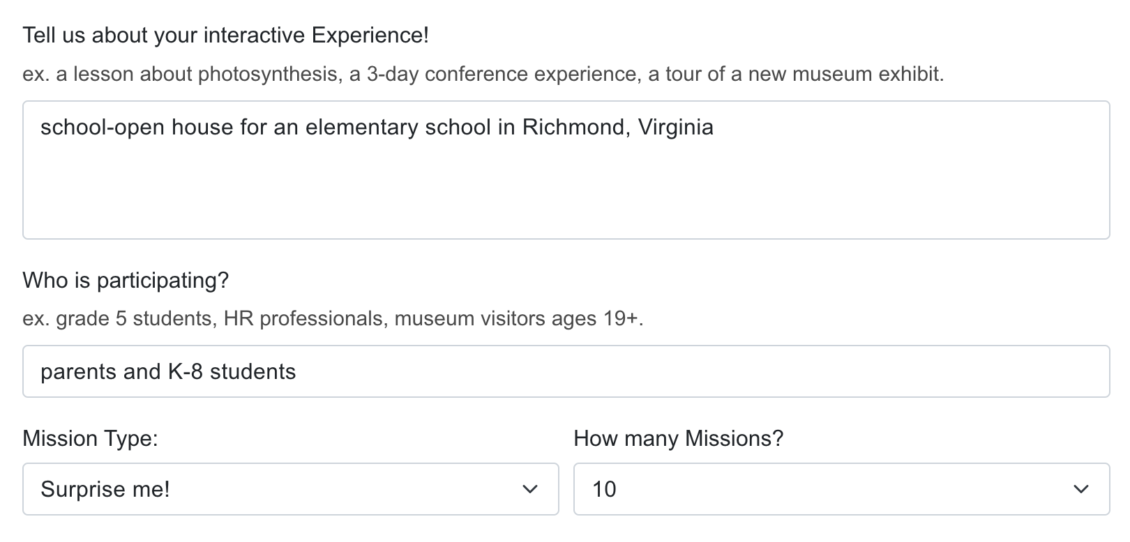 Tell us about your interactive Experience: school-open house for an elementary school in Richmond, Virginia. Who is participating? parents and K-8 students.