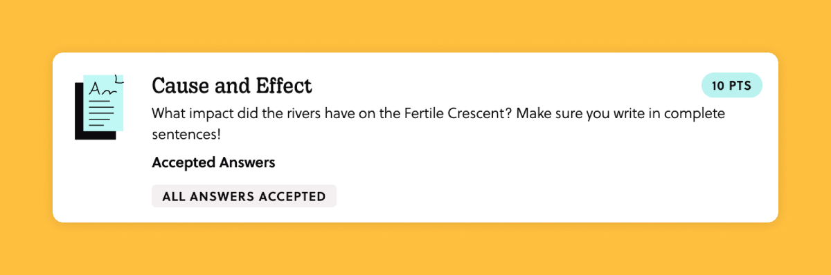 A mission titled "Cause and Effect". The task is to answer this question: "What impact did the rivers have on the Fertile Crescent? Write in complete sentences."