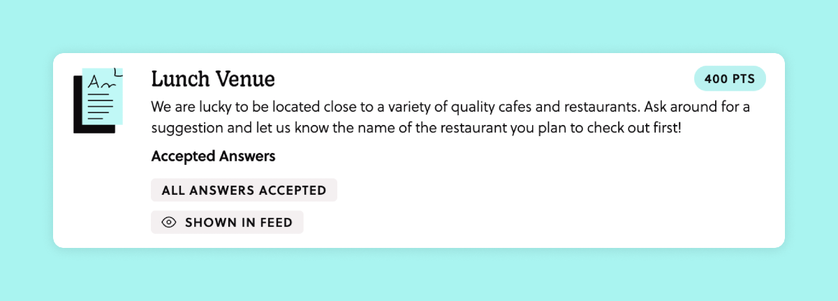 A mission titled "Lunch Venue". The task is to answer this question: "Ask around for a lunch suggestion and let us know the name of the restaurant you plan to check out first!"