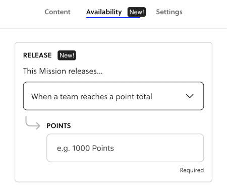 Screenshot of the Goosechase Studio Mission Release settings showing the new option to unlock a Mission when a team reaches a specific point total.