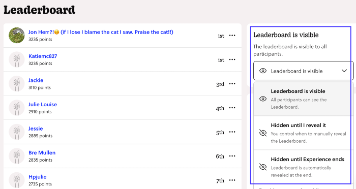 A leaderboard showing participant rankings beside a settings panel where the organizer can choose whether the leaderboard is visible, hidden until revealed, or hidden until the experience ends.