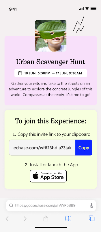 Screenshot of the Goosechase mobile landing page that appears when a participant opens an Invite Link without the app installed, showing Experience details and instructions to copy the link and download the app to join.