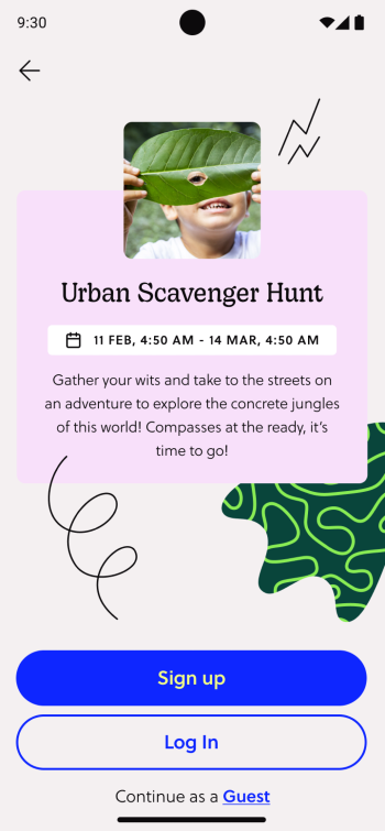 Screenshot of the Goosechase mobile app showing an Experience Details screen with the title Urban Scavenger Hunt and options to Sign up, Log in, or Continue as a Guest — demonstrating what participants see after opening an Invite Link.