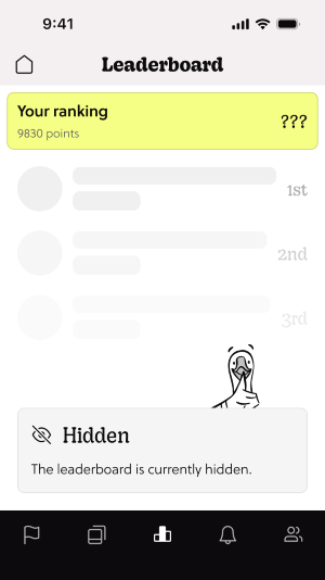 A mobile leaderboard screen showing your points but with your ranking hidden; blurred entries and a message stating the leaderboard is currently hidden.