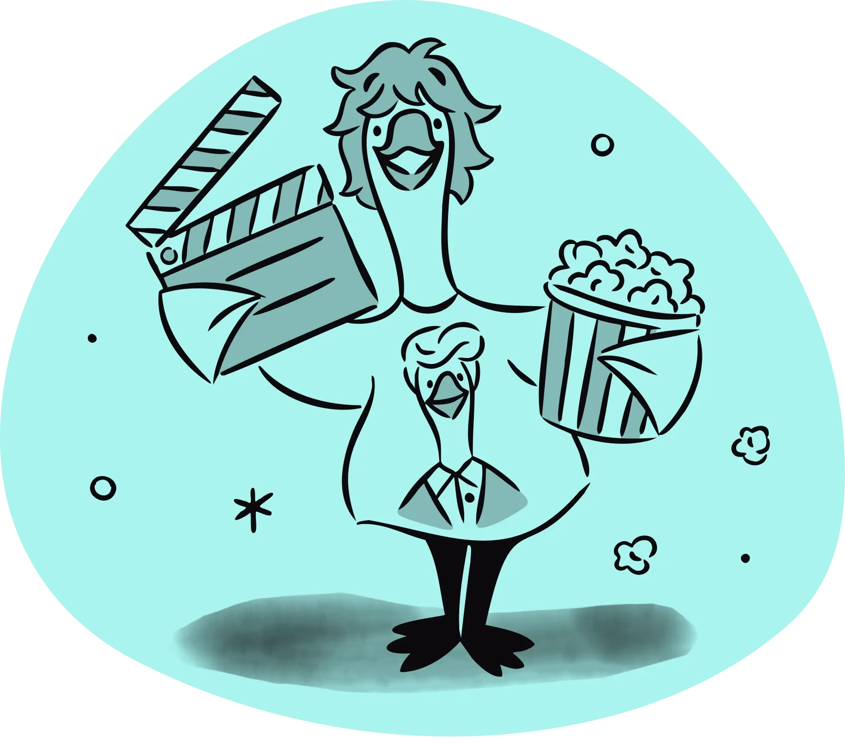 an illustration of a goose watching movies and eating popcorn