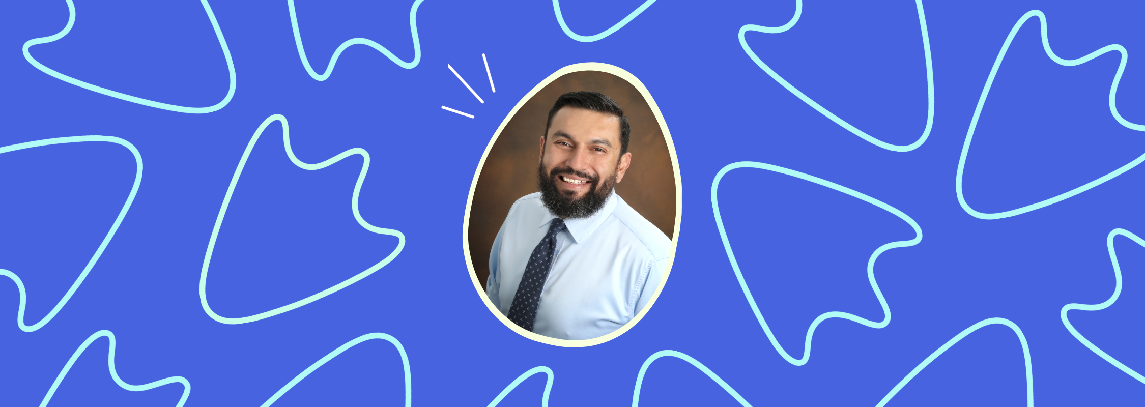 One smiling man in egg-shaped frame on a blue background with blue goose footprints.