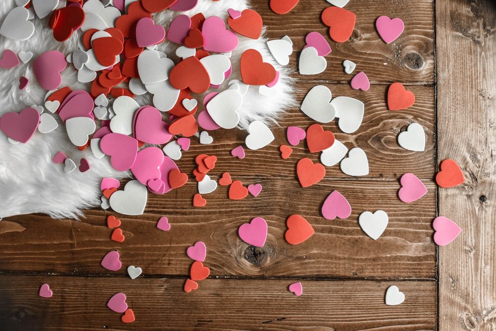 valentine's hearts on wood table