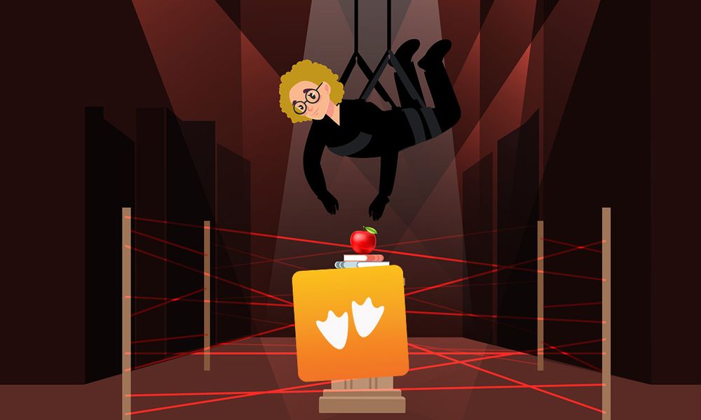 Cartoon of a spy descending from the ceiling in a heist