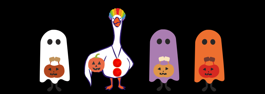 three ghosts and a goose trick or treating