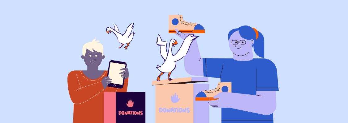 2 people and a couple of geese putting donations into boxes