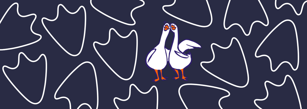 2 smiling geese against a pattern of goose feet