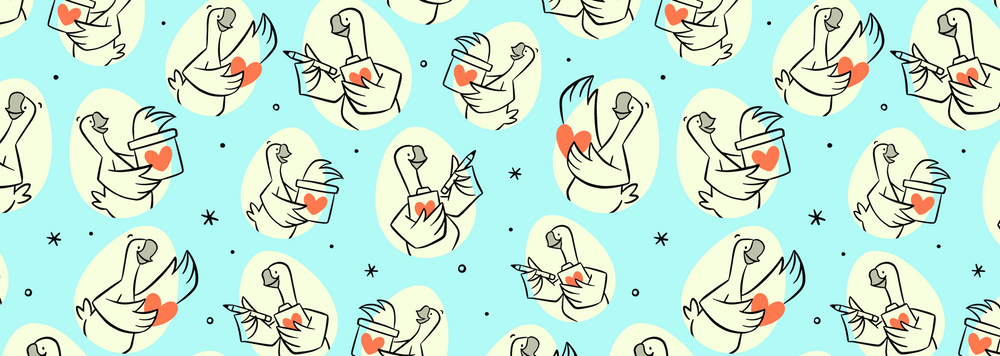 illustrated geese holding various objects with hearts on them