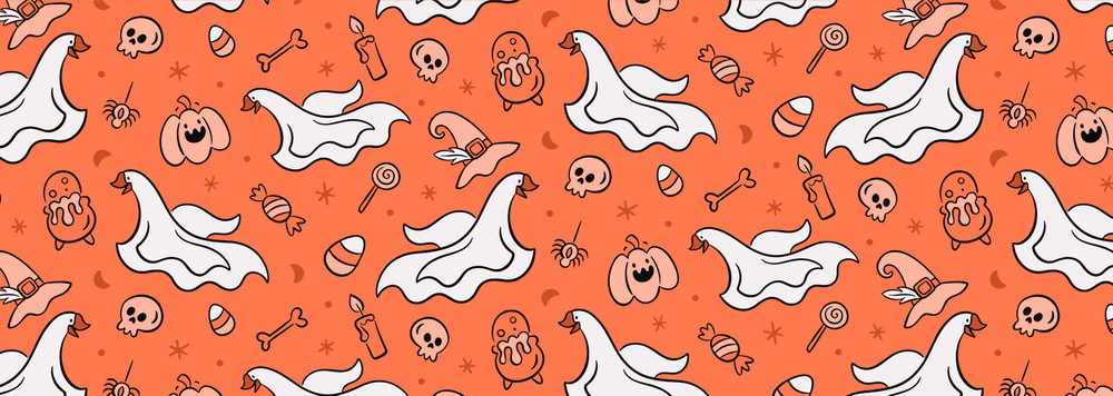 A collage of ghost geese, smiling pumpkins, bones, candles, spiders, and candy against an orange background