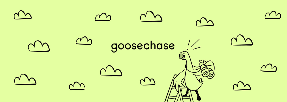 A goose holding binoculars and standing on a ladder looking at the new Goosechase logo in the clouds 