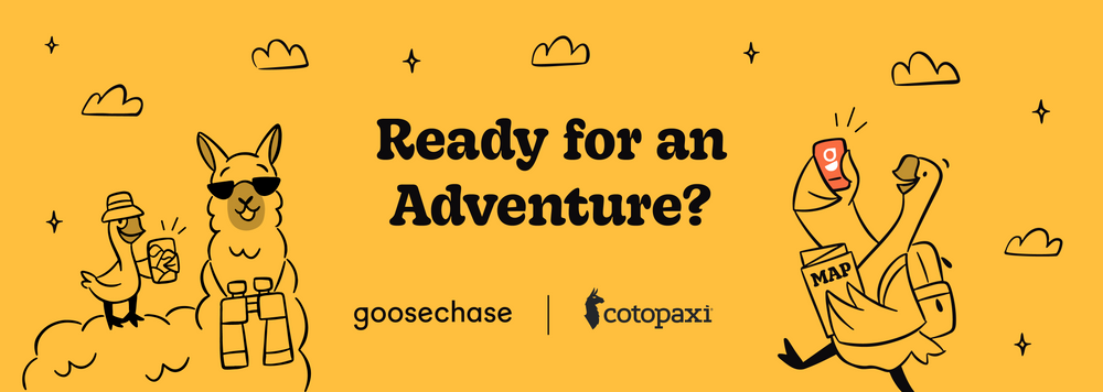 A goose and llama, wearing Cotopaxi outdoor gear, using the Goosechase app on a mobile phone
