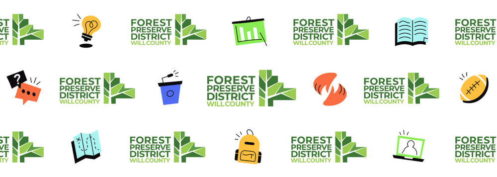 A collage of maps, backpacks, and the Forest Preserve District of Will County logo