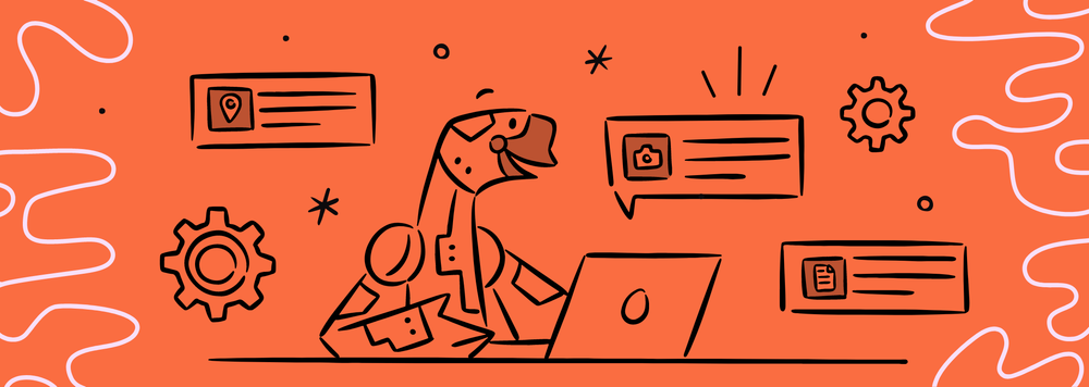 an illustration of a robot goose sitting in front of a laptop creating missions for a Goosechase Experience