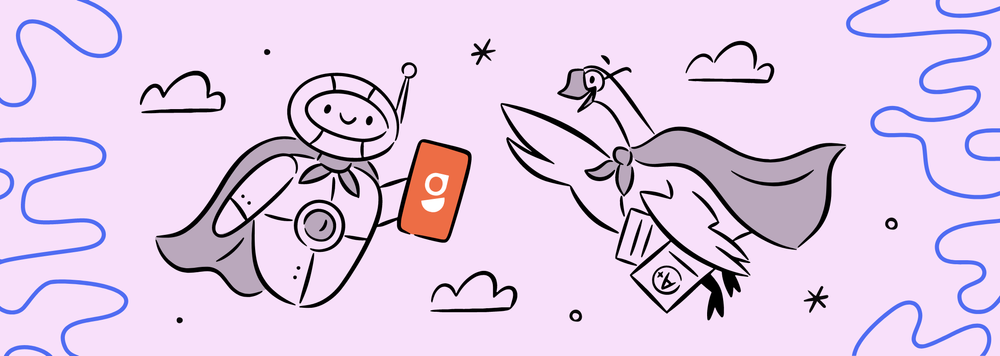 A friendly robot and goose holding a phone with the Goosechase logo on it