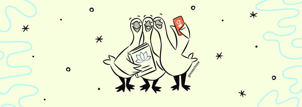 3 illustrated geese, 1 holding a book with the Lilly Conferences logo, and 1 holding a mobile phone with the Goosechase logo