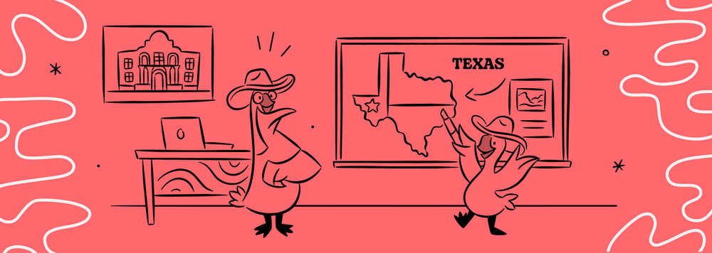 Two geese in cowboy hats standing in a classroom