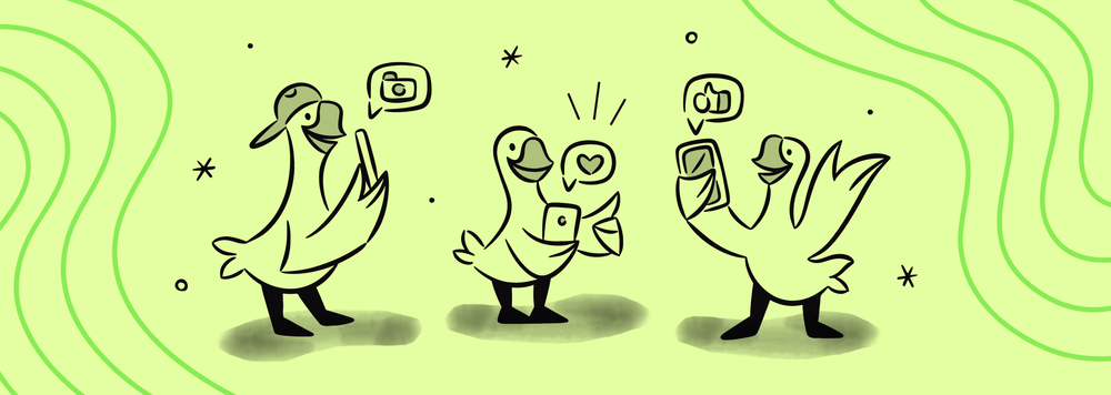 Three geese smiling and holding mobile devices