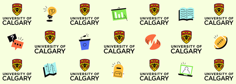 A collage of University of Calgary logos, backpacks, laptops, and maps