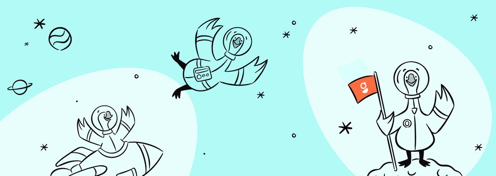 Three geese in space suits