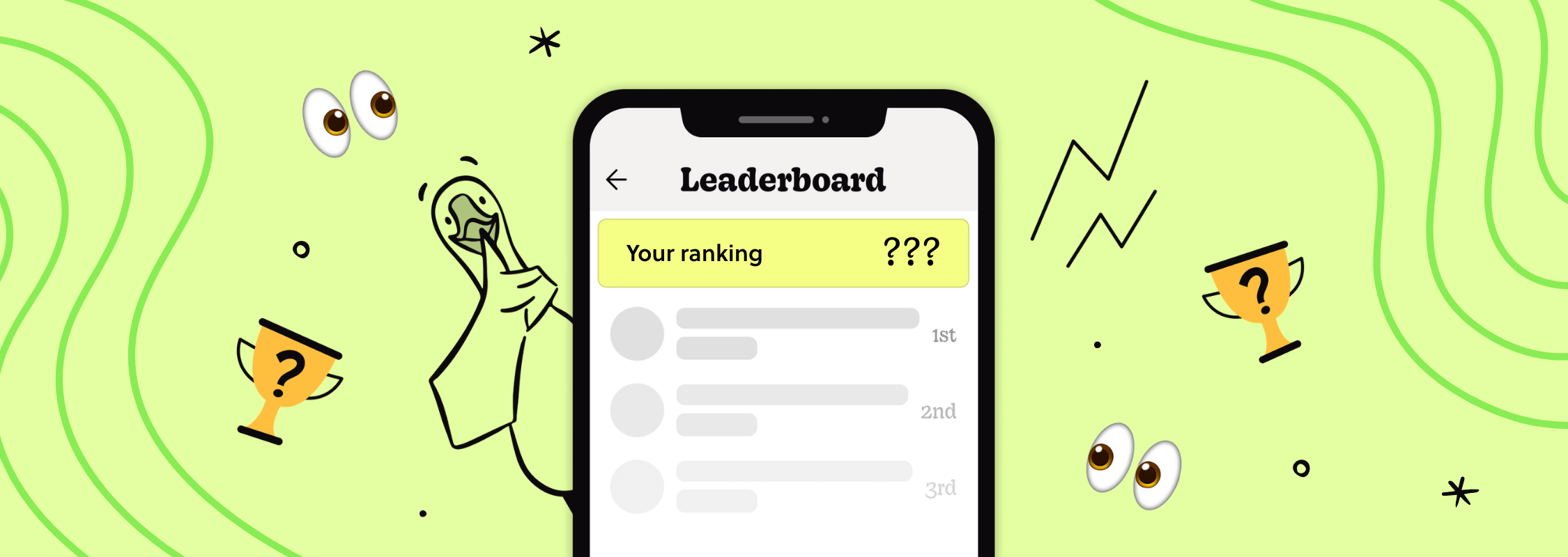 A playful leaderboard screen on a smartphone showing “Your ranking ???” above blurred ranking entries, surrounded by simple decorative icons.