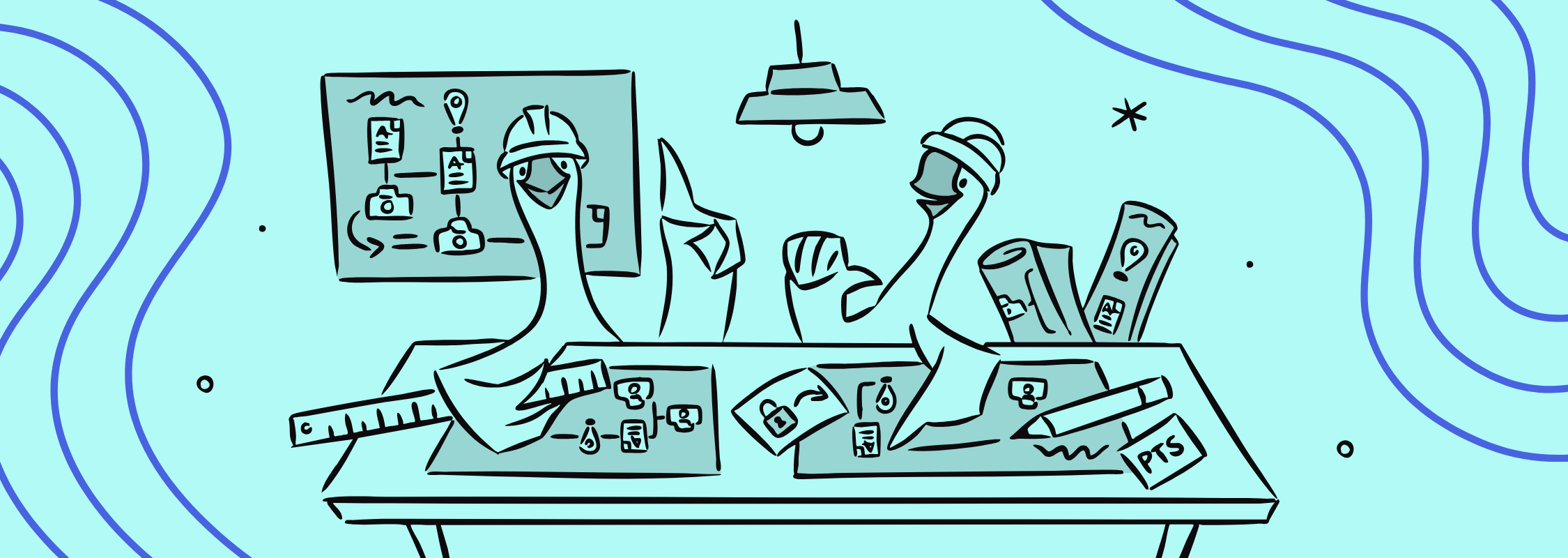 2 geese architects looking over blueprints