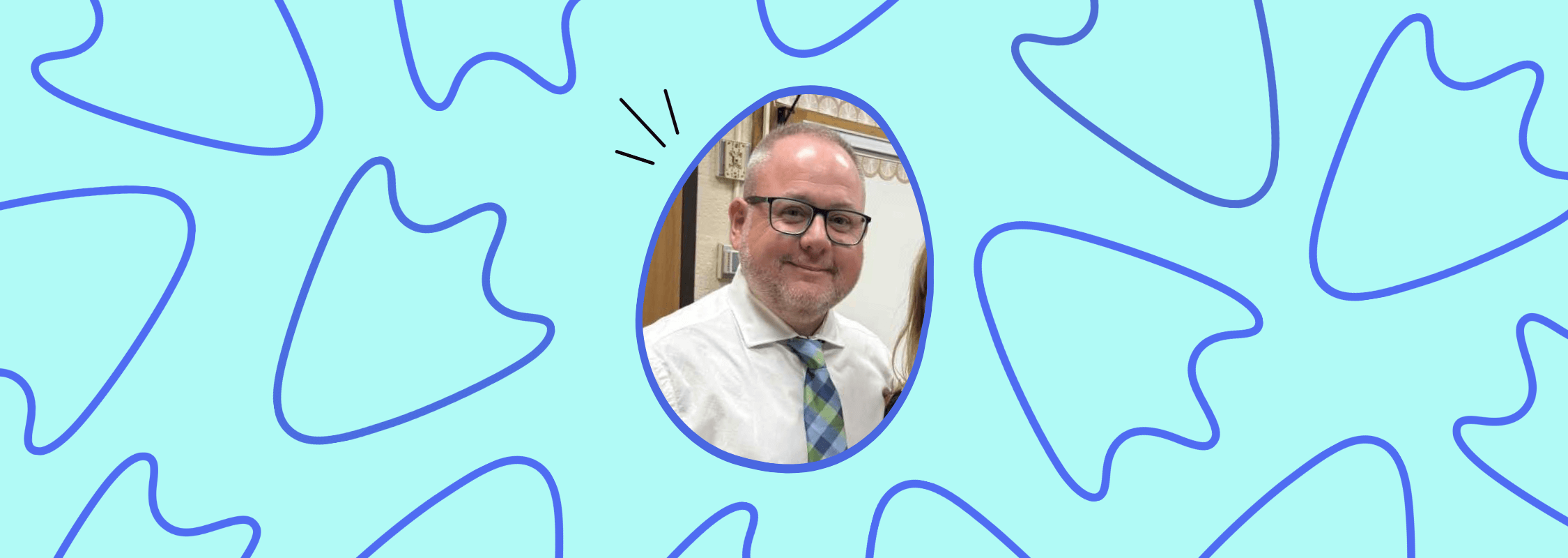 blue image with lots of blue goose feet outlined, and a picture of Eric Gustafson in an egg shape in the middle