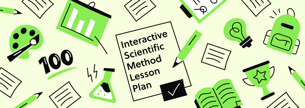 green illustrated image with beakers and lesson plans and trophies