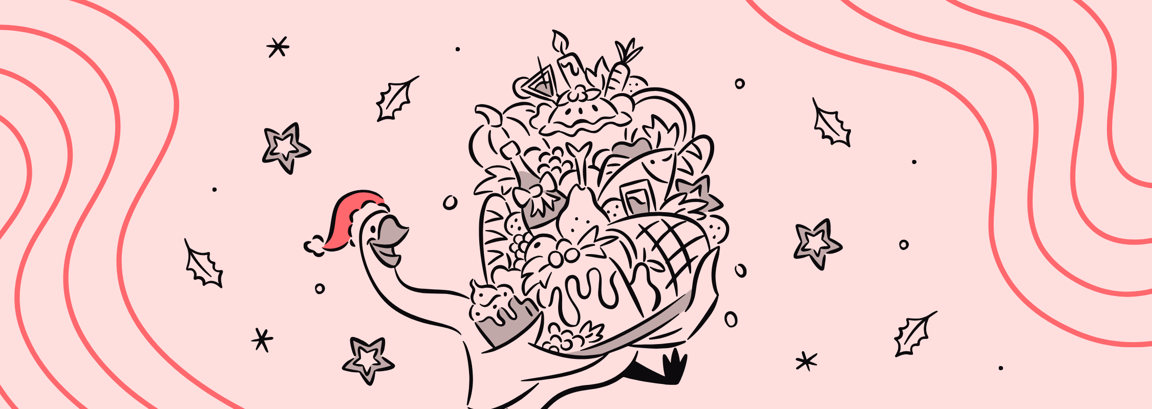 a goose holding many christmas treats