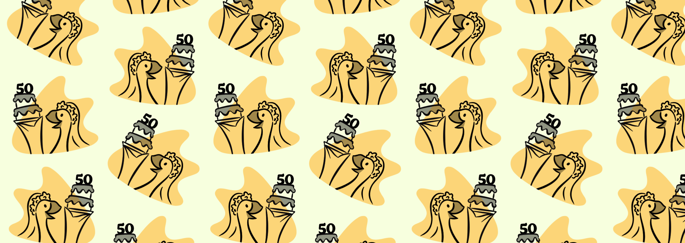 illustration of goose bride holding a 50th wedding anniversary cake