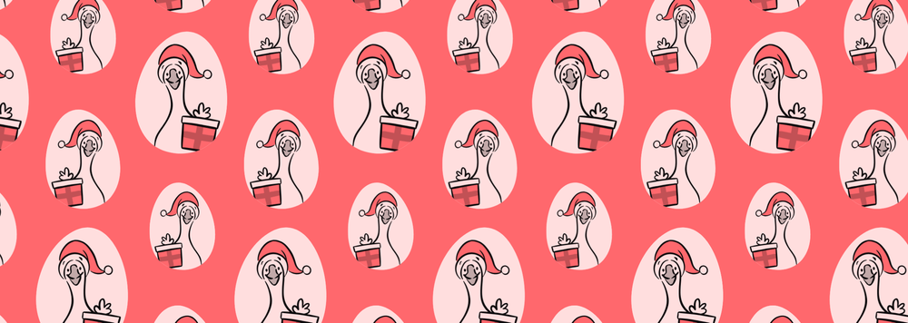 illustration of many geese wearing santa hats and holding presents