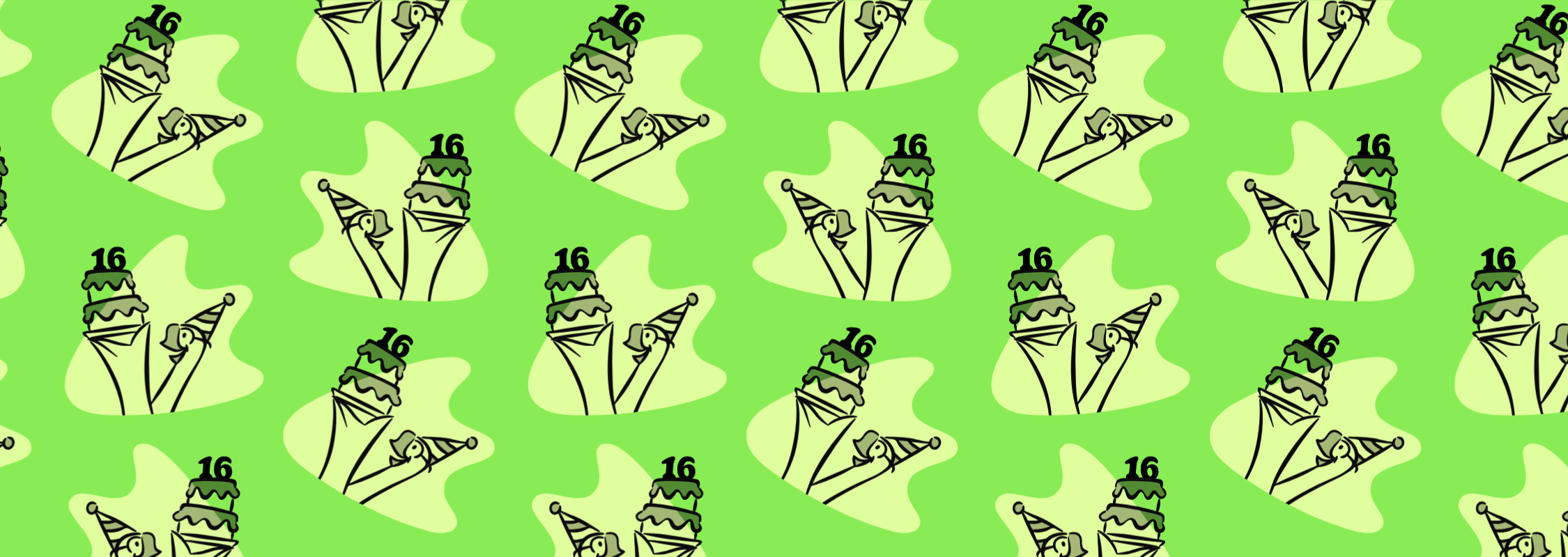 illustration of a geese and a birthday cake with a 16 on top